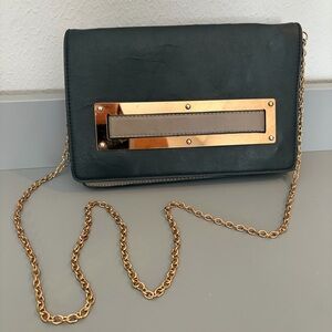 Melie Bianco Black & Taupe Purse w/ Gold Chain Shoulder Strap Vegan Leather Bag